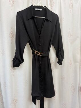 Zara Black Long-Sleeve Shirt Dress with Gold Buckle Belt - EUC